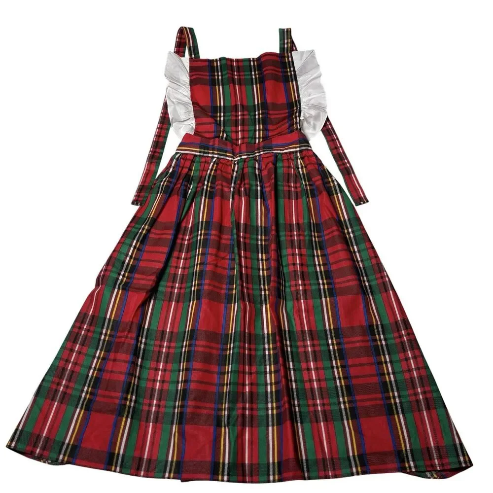 Vintage Christmas Plaid Hostess Apron Red Green Silver Ruffle Full Skirt Retro
